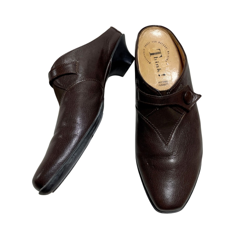 Think! Brown Leather Slip-On Shoes Button Monk Strap Mules 41 US 9.5 1.5 Heel